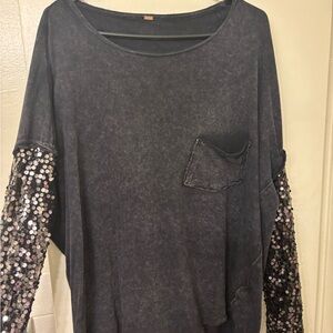 Free People Black Long Sleeve Top with Sequin Sleeves